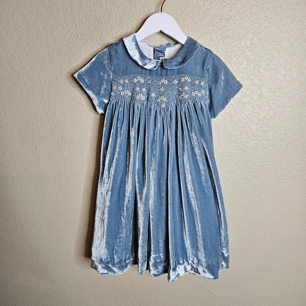 NWT La Coqueta Marcita Velvet Hand-Smocked Dress Light Blue Silk Blend Kids 5